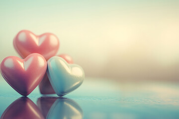 Fototapeta premium Pastel Pink and Blue Shiny Hearts on Reflective Surface