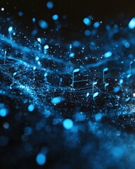 Naklejka premium Abstract Music Notes Floating in a Dreamy Blue Space with Bokeh Effect and Light
