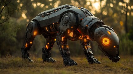 Robotic guard dog unit patrolling perimeter fence, advanced sensor array active, sleek dangerous design