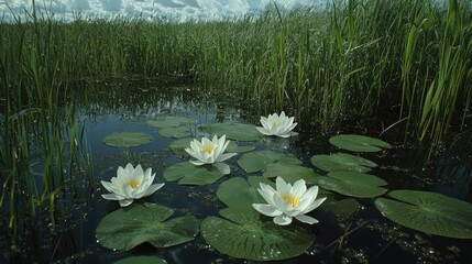 Serene water lilies blooming on calm water amidst lush green reeds under a bright sky