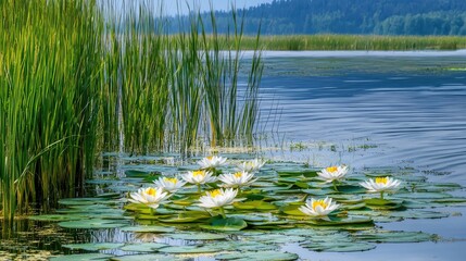 Tranquil lake scene with blooming water lilies, lush greenery, and distant mountains under clear sky
