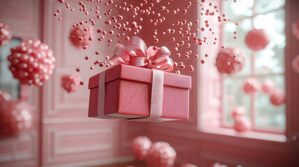 Pink gift box floats in a surreal pink room filled with falling spheres.  Surreal, magical, festive.