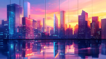 Obraz premium Neon Cityscape Sunset Reflection: A Stunning View from Above
