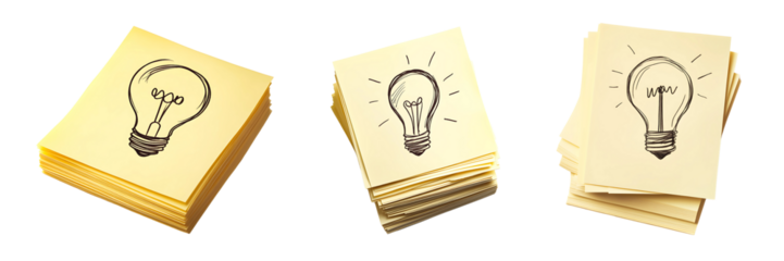 Set of sticky notes with hand-drawn light bulb isolated on a white or transparent background