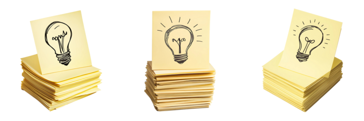 Set of sticky notes with hand-drawn light bulb isolated on a white or transparent background