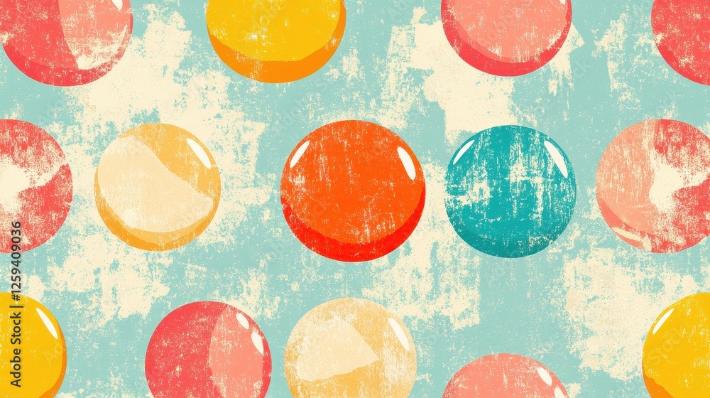 Poster seamless retro pattern featuring colorful glossy circles on textured background