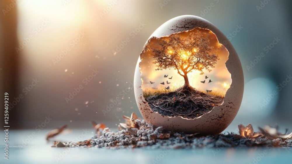 Poster realistic image of an egg with a glowing tree growing inside it in a surreal artistic representation