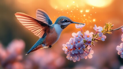 Naklejka premium A vibrant hummingbird hovering near delicate pink flowers with a dreamy background of soft bokeh
