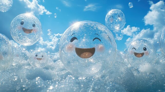 Happy bubbles floating, sunny sky, foam, joyful