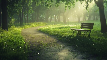 Fototapeta premium Serene Urban Park at Dawn with Dew-Kissed Grass and Tranquil Pathway