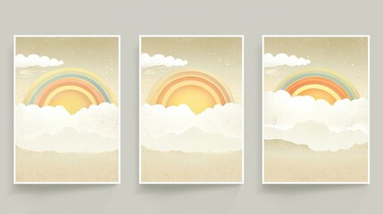 Three serene illustrations of rainbows emerging from soft clouds against a gentle background