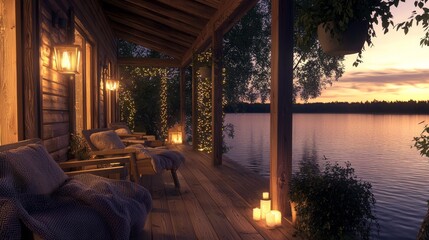 Fototapeta premium Serene Lakeside Cabin Porch at Twilight with Soft Ambient Lighting
