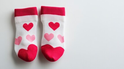 White and pink heart-shaped socks with red accents for kids, on a white background.