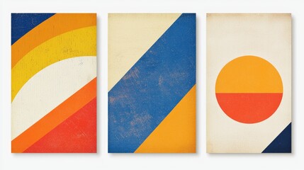 Abstract geometric patterns featuring vibrant colors and shapes on textured backgrounds