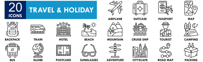 Travel and Holiday icon collection set. Containing design travel, holiday, vacation, summer, beach, tourism