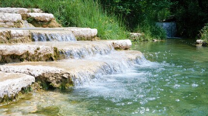 Cascading Waterfalls Over Stone Steps in a Natural Setting