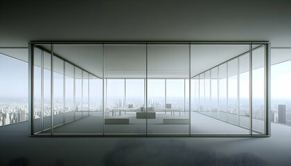 Obraz premium Modern glass office partition wall system showcasing a panoramic city view. Ideal for corporate design, architecture, and interior design projects.