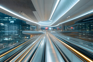 Futuristic moving walkway in a modern city at night.  Sleek design, illuminated walkways, and city lights reflecting in glass.