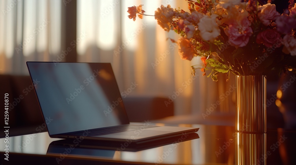 Aufkleber laptop with its screen not showing, placed on a modern table with a blurred bouquet of flowers softl