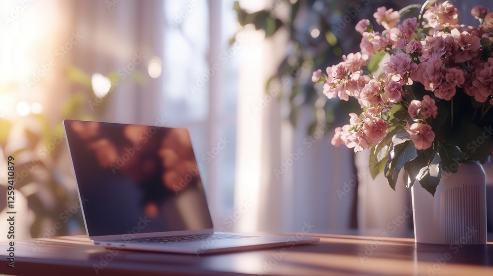 Poster laptop with its screen not showing, placed on a modern table with a blurred bouquet of flowers softl
