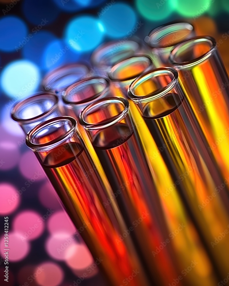 Poster laboratory test tubes filled with colorful liquid science experiment on bokeh background