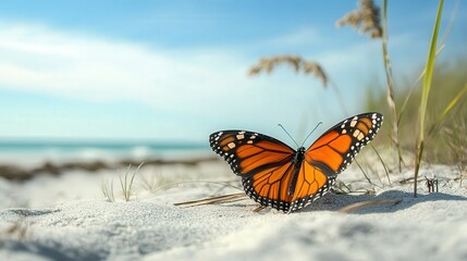 Obraz premium bright butterfly, wings spread, sits on the beach in this 4K photograph, with a soft sandy foreground and a clear sky in the distance.