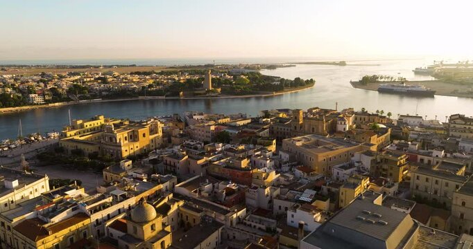 Aerial View Of Brindisi Port City On The Adriatic Sea At Sunrise In Southern Italy.
