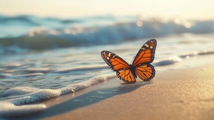 Obraz premium butterfly glides onto the beach, settling on the warm sand in this stunning 4K image with waves gently rolling in the background