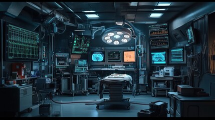 Futuristic operating room; surgery preparation; medical technology; dark background; healthcare