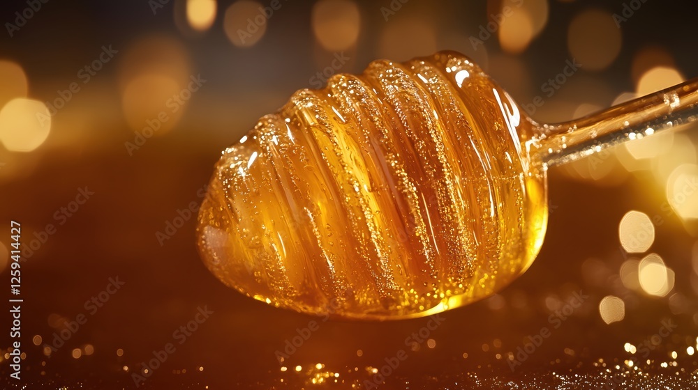 Poster golden honey dripping from a honey dipper with bokeh lights in the background macro shot