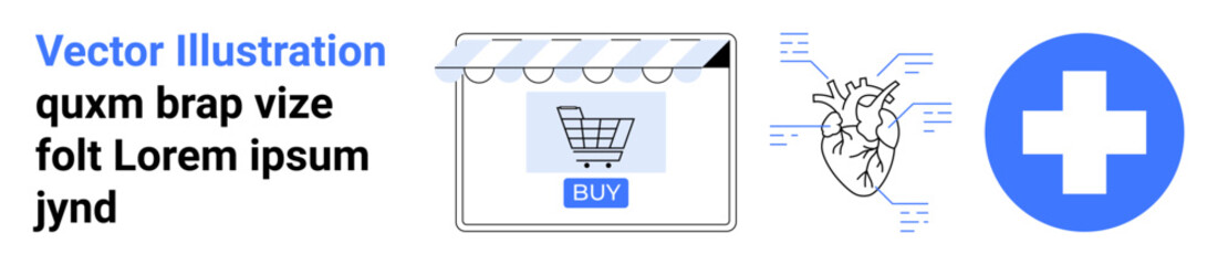 Shopping cart in storefront window, anatomical heart diagram with data points, blue healthcare cross. Ideal for e-commerce, science, technology, healthcare, education, innovation flat landing page