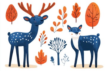 A whimsical illustration featuring a deer and a fox among colorful autumn leaves.