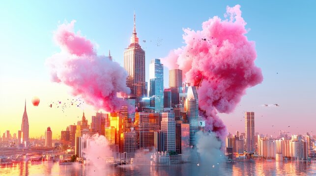 Cityscape with pink smoke and cossack figures in a realistic abstract style