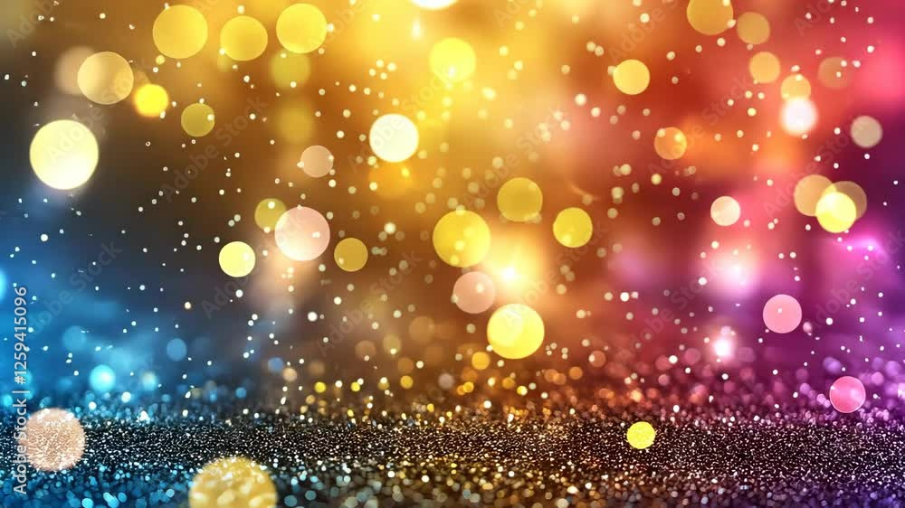 Poster radiant bokeh transforms from vibrant blues to golden warmth in a glittering transition