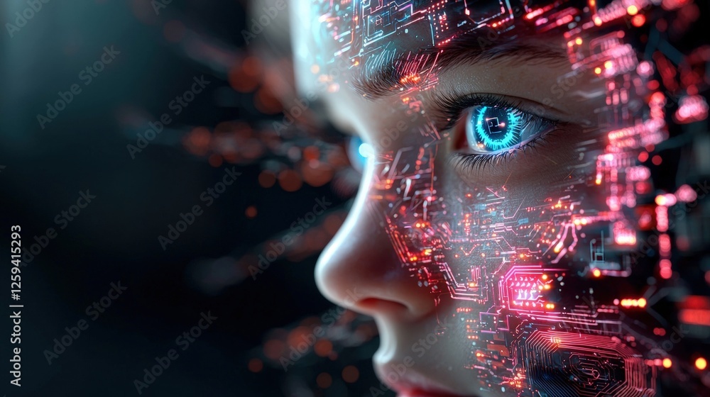 Poster womans face with a circuit board background showcasing glowing abstract technology and digital eleme