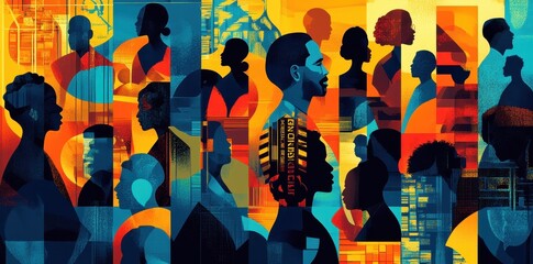 Diverse group of people shown in a mosaic pattern