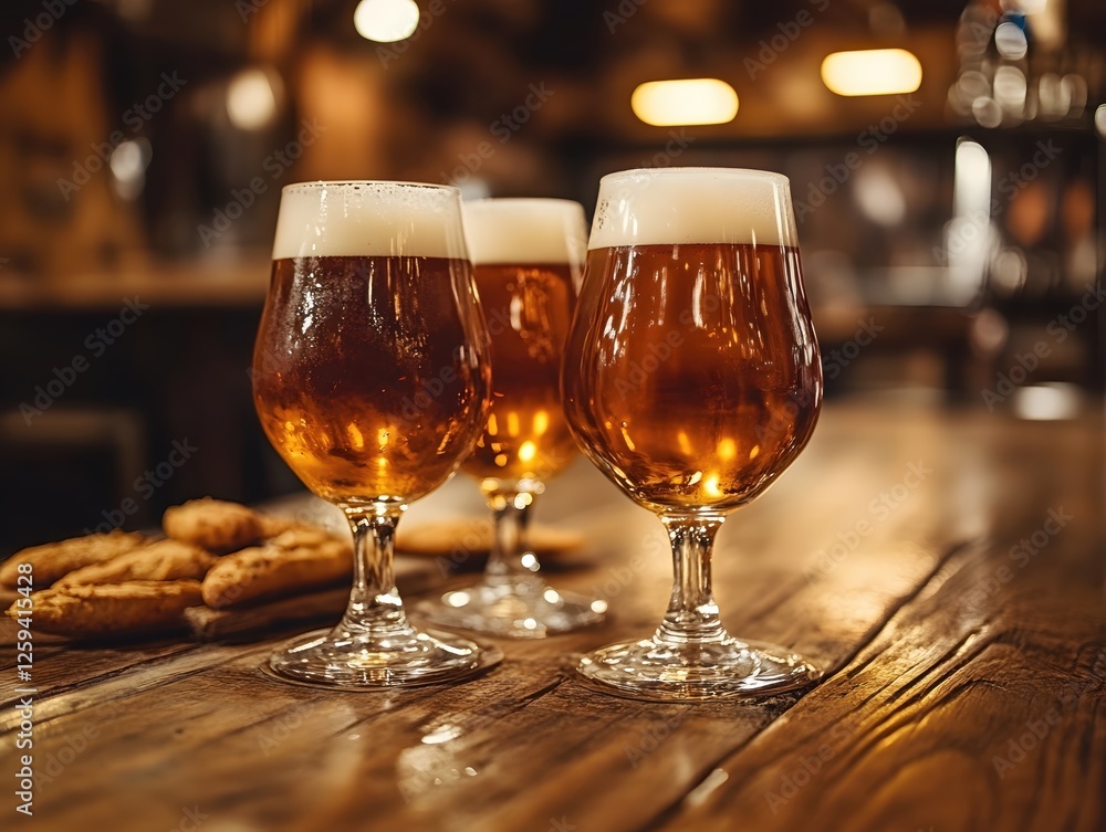Poster three refreshing beers with frothy tops on a rustic wooden table in a warm lit pub
