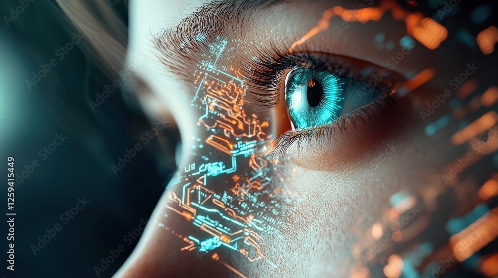 Poster womans face with abstract glowing circuitry background in high fidelity digital art representation