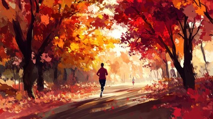Runner in autumn park path, sunrise, fall leaves