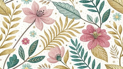 Elegant Glitter Nature Pattern, Minimalist Art, Gold Shimmer, Abstract Background, Nature Inspired Design