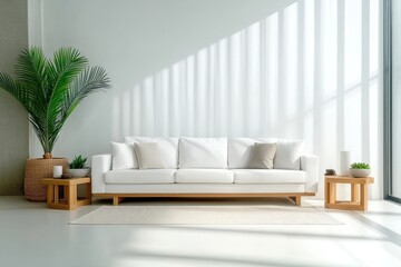 Minimalist Scandinavian Living Room with White Sofa in Modern Studio Apartment