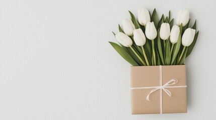 White tulips bouquet on a gift, light background, spring