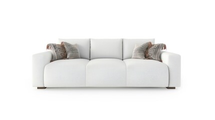 Obraz premium Boho Chic Living Room with White Sofa, Fringed Pillows, and Knitted Blanket