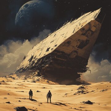 Two figures gaze at a colossal spaceship wreck on a desert planet