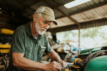 A technician repairs a tractor engine at an agricultural machinery workshop