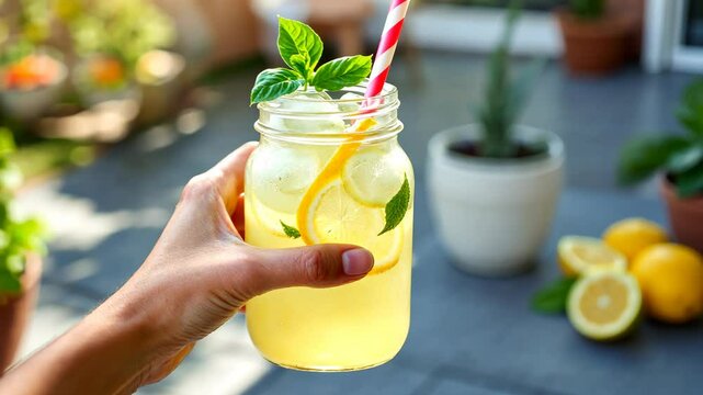Refreshing summer lemonade with mint in garden with citrus accents and sipping motions