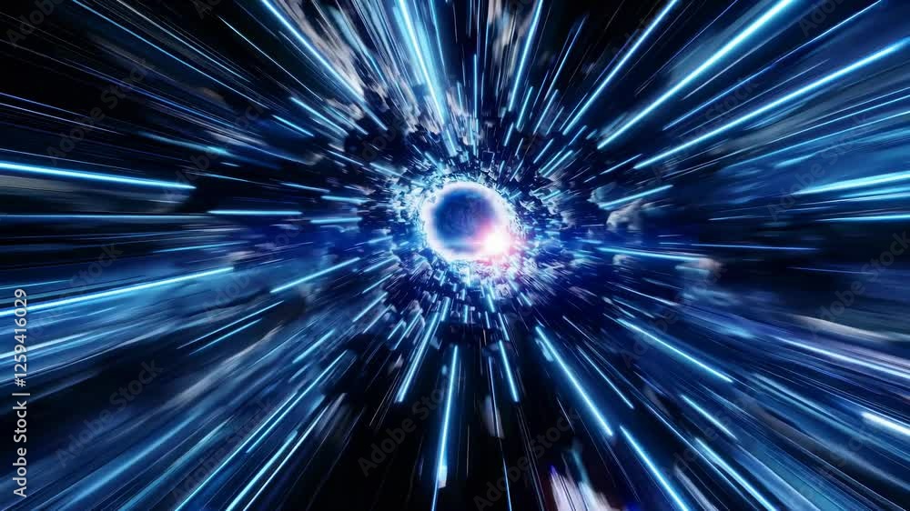 Poster dynamic video concept with a tunnel of blue light streaks. captured from a central perspective, crea