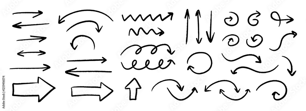 Poster hand drawn curved and straight arrow set. black grunge sketch arrow collection. doodle sketched poin