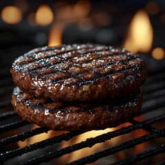 Sizzling Burger Patties on Grill with Flames A Mouthwatering Close Up of Delicious Food