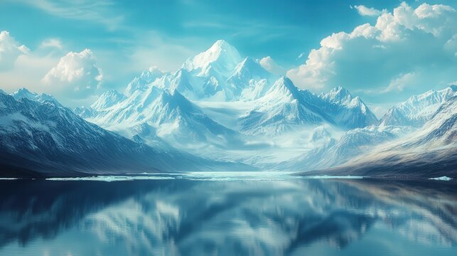 vast Arctic landscape, where the snow-capped mountains tower above the icy plains, casting an air of solitude and serenity